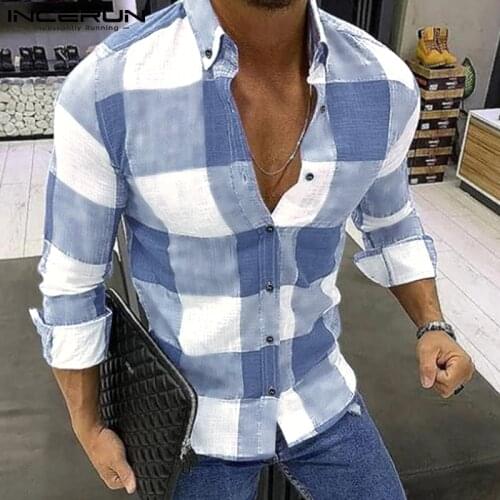 INCERUN Fashion Plaid Men Shirt Casual Long Sleeve Lapel Blouse Fitness Chic Brand Streetwear Shirts Men Camisa Masculina S-5XL