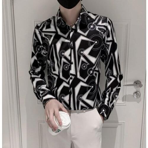 Vintage Printed Mens Shirts Long Sleeve Slim Social Streetwear Shirts Fashion Luxury Casual Shirt Party Nightclub Male Clothing