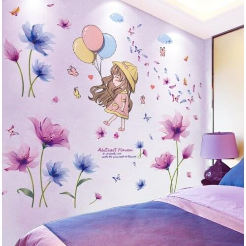 [shijuekongjian] Girl Balloons Wall Stickers DIY Flowers Mural Decals for Kids Bedroom Living Room Nursery House Decoration