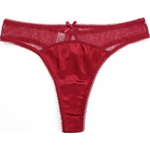 Medium Waist Thong Pure Color Cotton Crotch Bow Transparent Lace T Pants Large Panties Sexy Lingerie