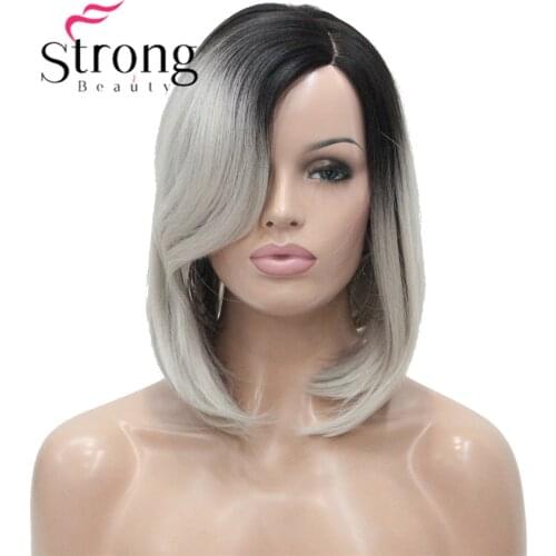 StrongBeauty Bob Lace Wig Ombre Gray Black Root Hand tied Invisible L Part Wig Synthetic Straight Wigs COLOUR CHOICES
