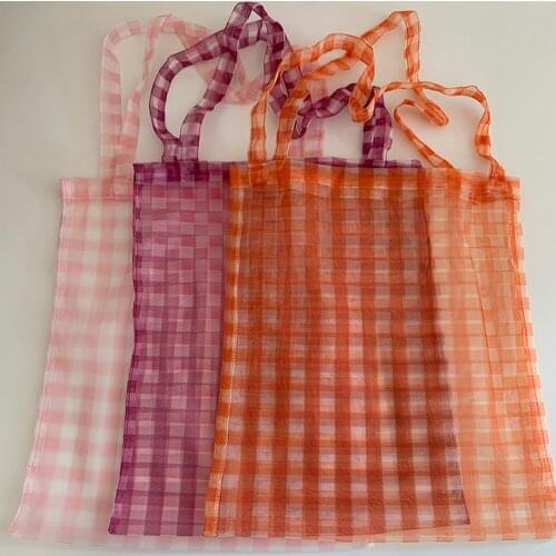 Mesh Tote Bags Plaid Shopper Bags Shoulder Bags Reusable Handbags Transparent Foldable Decorative Casual Women Shopping Bag 24cm