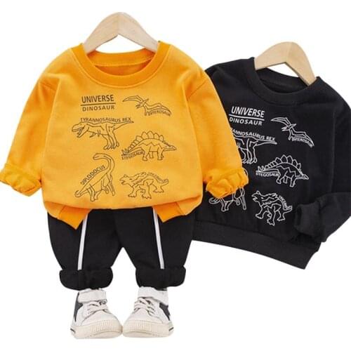 2021 Spring Children Clothing Outfit Baby Girl Round Neck Sweater Kid Long Sleeve Trousers 2Pcs Toddler Boy Korean Dinosaur Suit