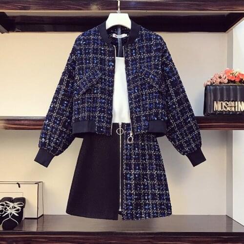 High Quality Baseball uniform Tweed Jacket Suits 2020 New Plaid Woolen Coat and Color matching Zipper A-line Skirts 2 Piece Set