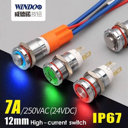 WINDOO 12mm 7A high current 4 pin switch waterproof IP67 latching or momentary micro metal push button switch with LED 24V220V