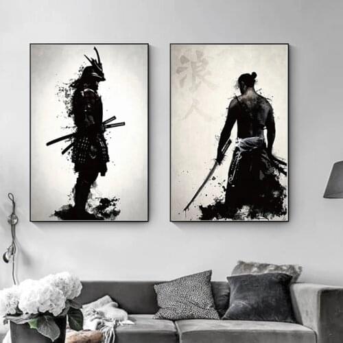 Japanese Figure Painting Samurai Poster Modern Drawing Black and White HD Printed on Canvas Wall Art Living Room Decor Photos