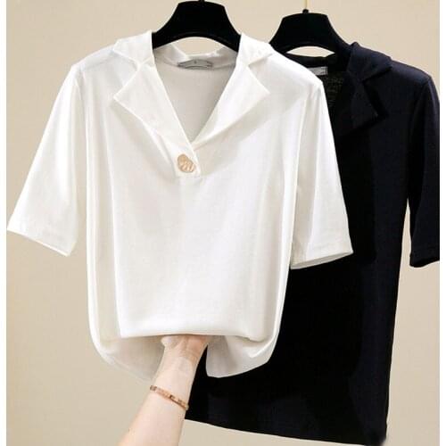 Korean Women Clothing 2020 Womens Short-Sleeved Womens Shirt White Button Short Solid V-Neck Blusas Femininas Elegante 0682