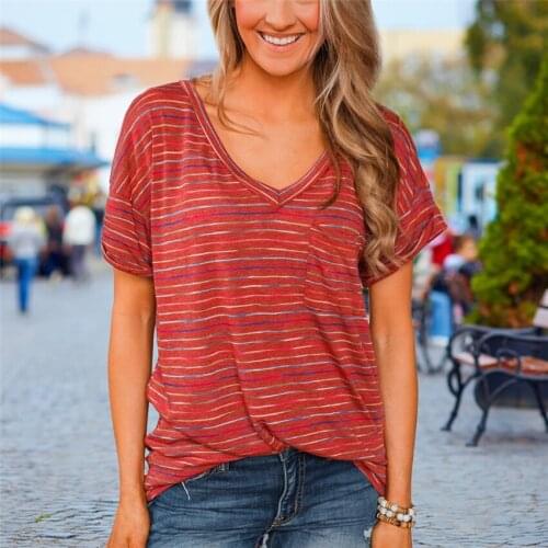 Women New Tops Tee Casual Loose T Shirt Long Tops For Women Street Wear V-neck T-shirt Summer Striped Short Sleeve Top