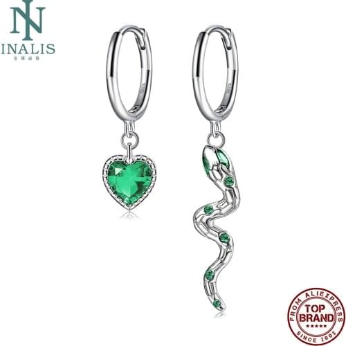 INALIS 925 Sterling Silver Drop Earrings For Women Pretty Green Heart Fine Jewelry Wave Snake Female Earring Hot Selling Gift