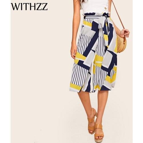 WITHZZ Spring Summer Womens Wide-Leg PantsFashion Bow Stripes Contrasting Color Cropped Pants