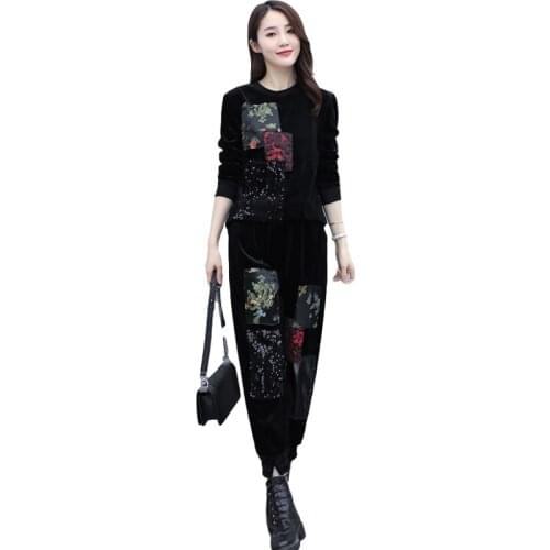 Spring Golden Velvet Print 2 Piece Set Women Fashion Sequin Long Sleeve Tracksuit + Casual Pants Suit Ladies Clothes Tide H1308