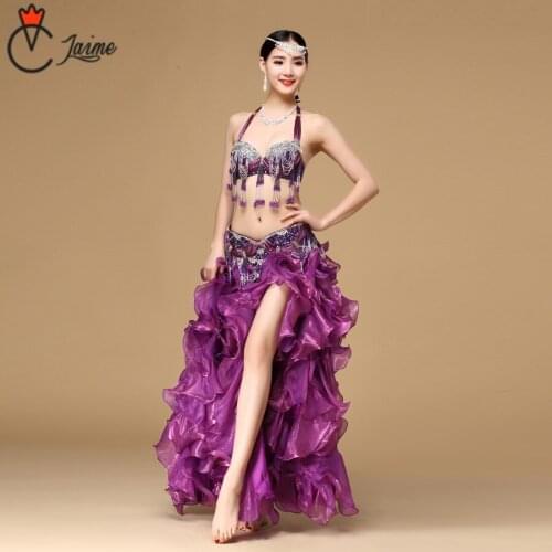 Luxurious Women Belly Dance Costume Set Performance Belly Dancing Clothing Oriental Dance 3 pcs Outfit Bra Belt Skirt