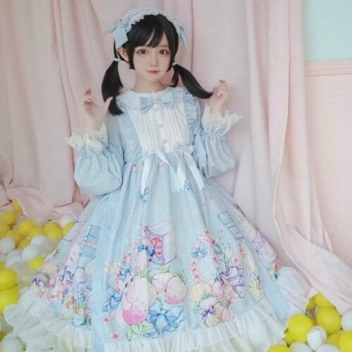 Long New lace cartoon print sleeve lolita dress women cute princess party dress Girlfriend birthday present cosplay show costume