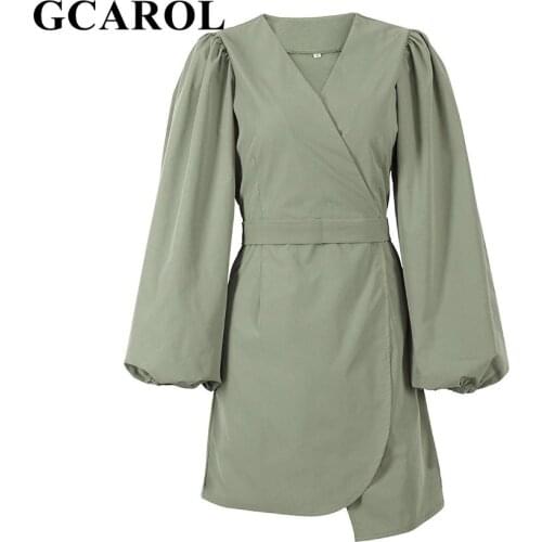 GCAROL Spring Summer Women V Neck Lantern Sleeve Mini Dress With Sashes French Style High Waist Elegant Multi Occasion