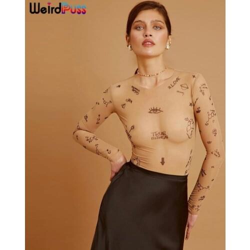 Weird Puss Mesh Sexy Lingerie Bodysuit Women Overalls One-Piece Suits See Through Tight Tops Summer Party Club Slim Streetwear