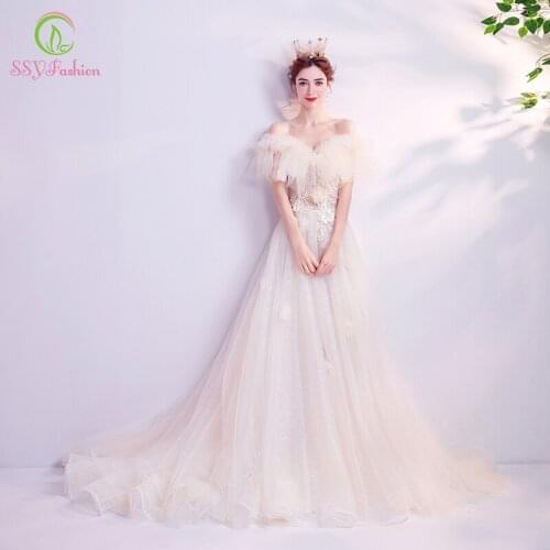 SSYFashion New Bride Romantic Ivory Evening Dress Lace Appliques Sweep Trainlong Prom Formal Gowns Special Occasion Dresses