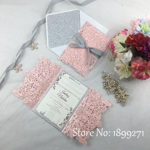 1full set flower design light pink pearl wedding invitation card with gliter paper Recycled Arabic Wedding Greet thank you Card