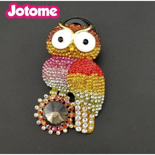 100pcs lot/Free shipping collection series gold tone 65mm colourful crystal owl large bird brooch pins
