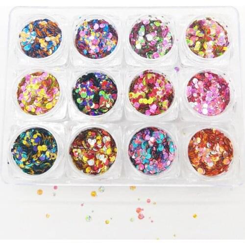 12Jars/set 3D Nail Sequins Mixed-Round Spangles Dust Ultrathin Nail Glitter Flake Nail Art Powder Colorful Tips Manicure Sequins