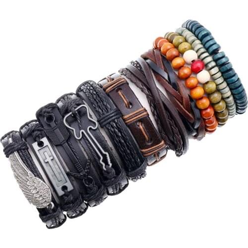 12Pcs/Set Jewelry Retro Braided Cowhide Bracelet Diy12 Piece Set Mixed Wood Bead Bracelet