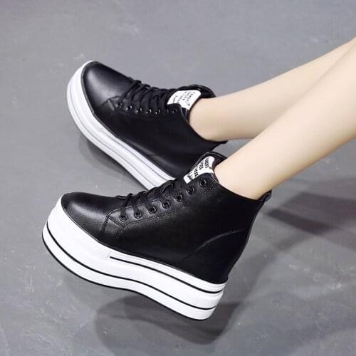 2021 Autumn High Platform Sneakers 10.5CM High Heels Women Thick Sole High Top Leather Wedge Winter Casual Shoes White Boots