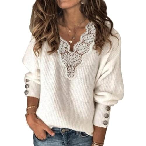 2021 Women Thin Sweaters Autumn Winter Long Sleeve Lace Patchwork V Neck Buttons Sweater Polyester Womens Clothing White S-3XL