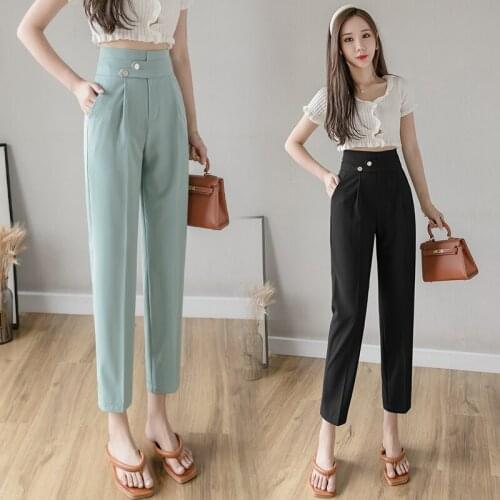 2021 Autumn Women Suit Pants Fashion High Waist Button Straight Office Lady Work Wear Black Green 2xl Formal Trousers