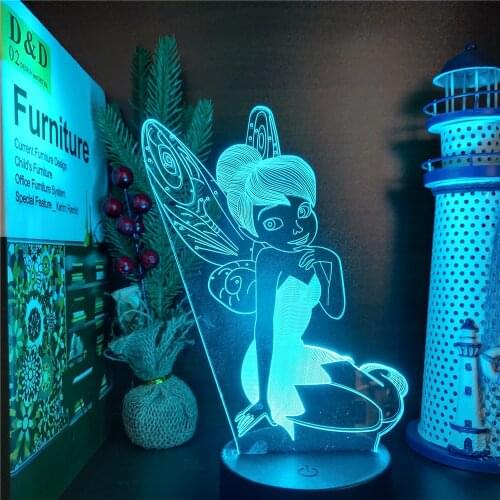 Disney Fairy Tinkerbell 3D Night Lights Princess Lighting Anime Girl Led Colorful Visual Led Lamp Xmas Gift Tinkerbell Lampara