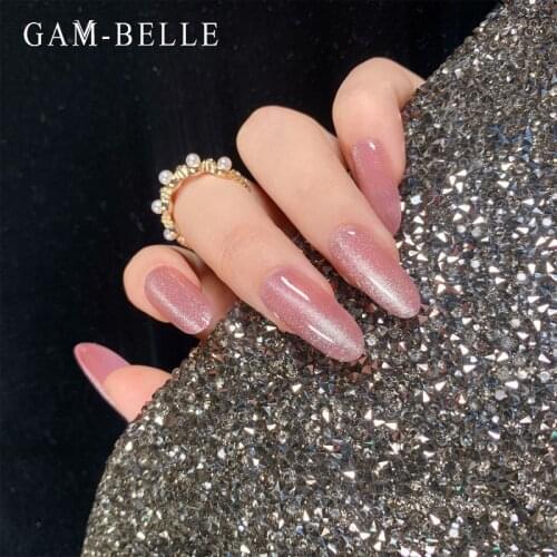 GAM-BELLE 24Pcs Full Cover Cat Eye Fake Nails Long Ellipse Full Nail Art Tips Artificial False Nails DIY Manicure Nail Art Tools