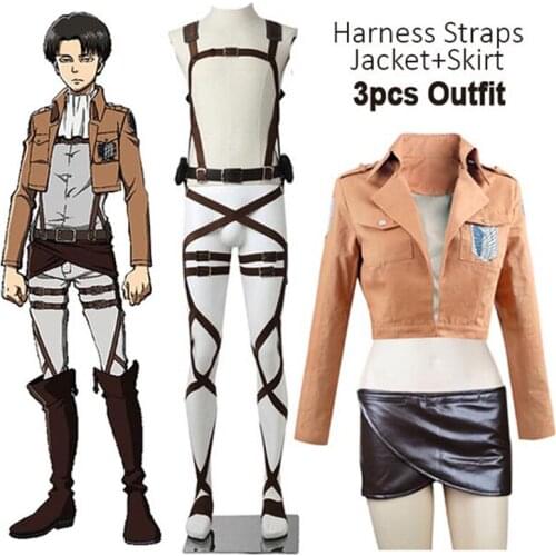 Hot Anime Attack on Titan Cosplay Shingeki no Kyojin Jacket Recon Corps Leather Skirt Hookshot Belts Suspenders Ackerman Costume