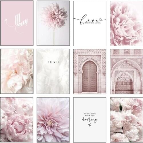 Fresh Flowers Nordic Pink Wall Painting Girl Room Decor Simple Text Love White Feather Living Room Decoration Canvas Art