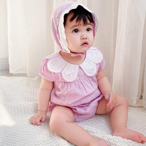 Newborn Lace Romper Baby Summer Rompers with Hat Infant Petal Collar Jumpsuit 1st Birthday Baptism Clothing Toddler Bodysuit