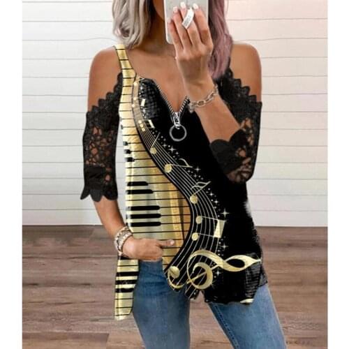 Summer Off-shoulder Top Womens Gothic Lace Patchwork Sexy Hollow Short-sleeved Printing Casual V-neck Top Blouse Women