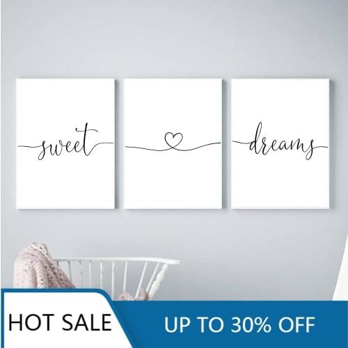 Minimalist Black and White Sweet Dreams Quotes Heart Love Canvas Painting Posters Prints Nursery Wall Pictures For Home Decorati