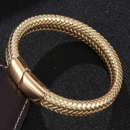 Fashion Golden Braided Leather Bracelet Men Jewelry Stainless Steel Magnetic Clasp Bangles Male Wrist Band