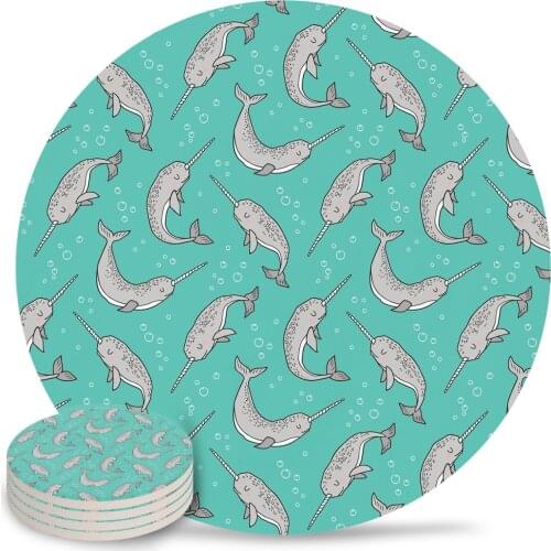 Narwhal Grey on Green Mint Coasters Waterproof Placemats for Table Christmas Home Decor Coffee Table Decor Ceramic Coasters