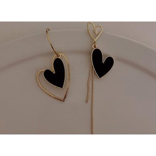 New Post Allergy Free Black Enamel Rhinestone Heart Tassel Assymetric Earrings for Women Cute Sweet Korean Earrings