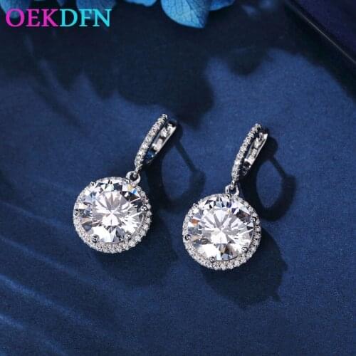 OEKDFN Pure 925 Sterling Silver Drop Earrings For Women Sparkling 11MM AAAAA+ Zircon Gemstone Fine Jewelry Girl Dangle Earrings