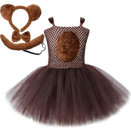 Brown Bear Tutu Dress Outfit for Girls Kids Animal Halloween Cosplay Costumes Children Christmas Birthday Dresses with Headband