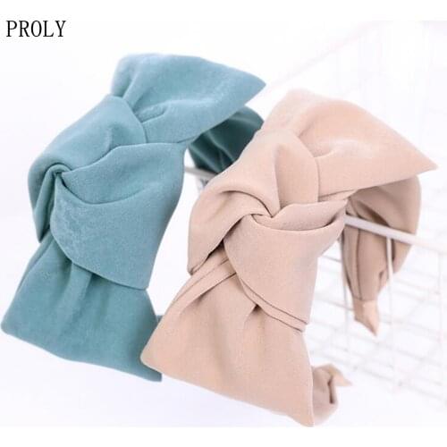 PROLY New Fashion Women Headband Wide Side Big Bowknot Hairband Solid Color Turban Casual Hair Accessories