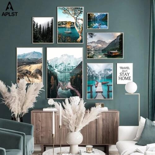 Misty Forest Lake Braies Poster Boat Hut in the Lake Canvas Prints Nordic Mountain Valley Wall Art Painting Picture Home Decor