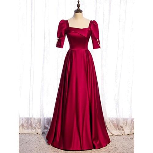 Robe De Soiree Pearls A-LINE Evening Dress New Style Square Collar Burgundy SATIN Evening Dresses Long Dress Vestido De Festa
