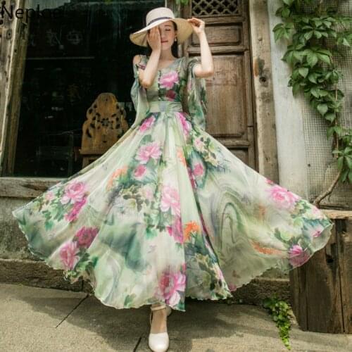 Neploe Spring Sweet Girl Dresses Slim Waist Vestido 2021 Flower Print Long Chic V-neck Single Breasted Big Swing Long Jupe 43227