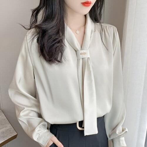 Blouse Women 2021 Bow V-neck Office Blouse Women Long Sleeve Women Shirts Tops Chiffon Blouse Shirt Women Blouses Blusas D407