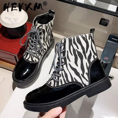 Zebra Pattern Platform Boots Women Round Toe Chunky Heel Ankle Boots for Women Lace up Cross-tied Martin Boots Women