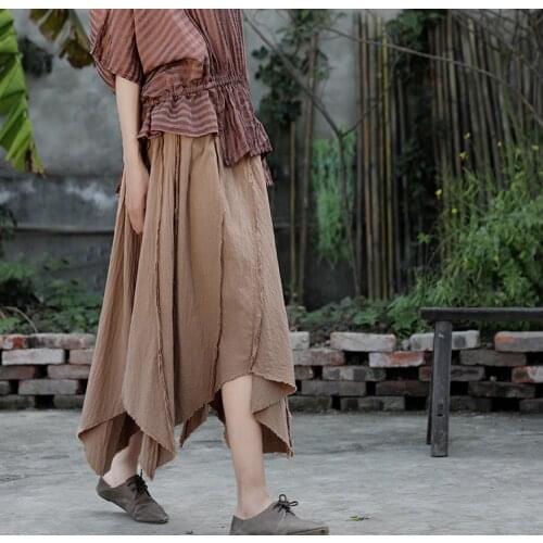 Women Loose Irregular Length Patchwork Skirts Ladies Elastic Waist Reversible Skirt Female Cotton Linen Skirts