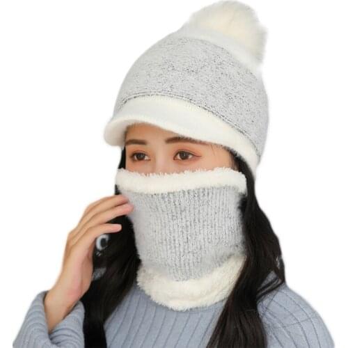 Women Winter 2 Pieces Set Pompom Visor Beanie Hat with Circle Scarf Knitted Thicken Plush Lined Skullies Baseball Cap Cycling Wi