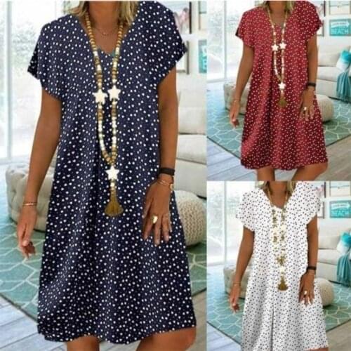 Women Plus Size Summer Flared Short Sleeve V-Neck Loose Midi Dress Vintage Heart Printed Solid Color Sundress S-5XL