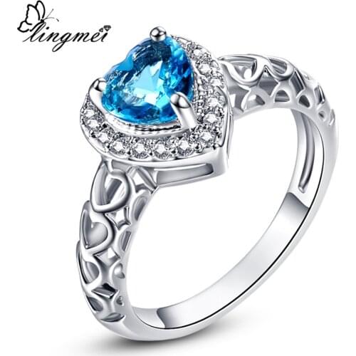 Lingmei Love Heart Blue & White Cubic Zirconia Silver Color Ring Size 6-9 10 For Lovers Women Wedding Band Jewelry Wholesale