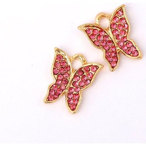 10Pcs Full Rhinestone Paved Gold Color Butterfly Charms Zinc Alloy Metal Insect Necklace Accessories For DIY Earrings Handmade